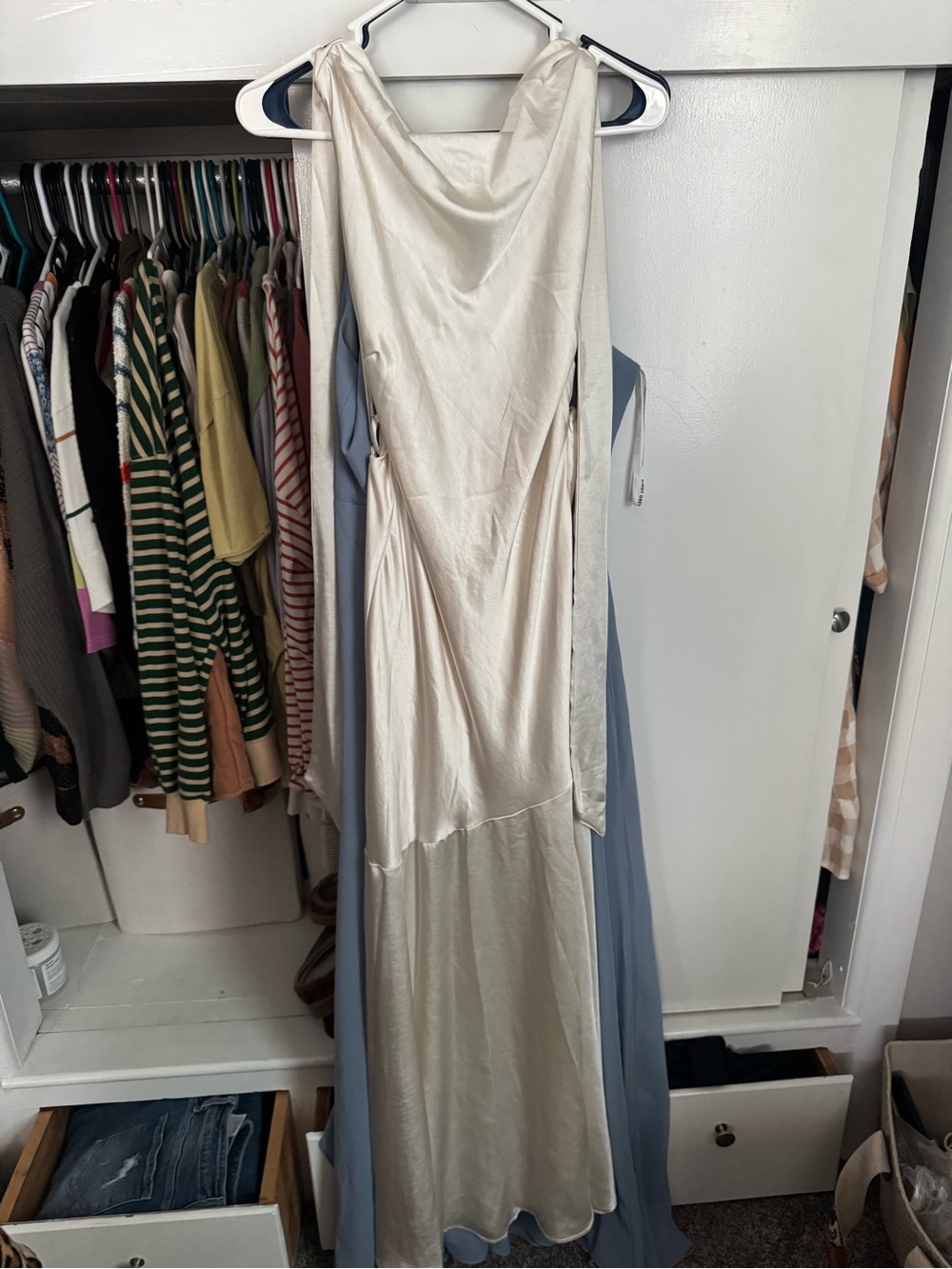 Selfie Leslie Ivory Satin Backless Slip Dress with Blue Draped Overlay